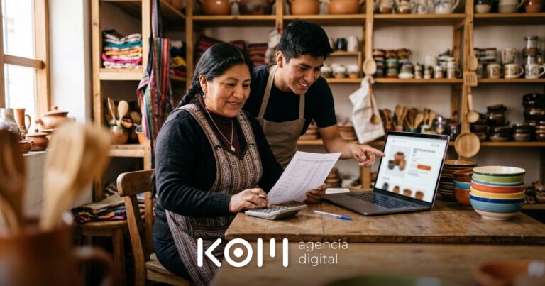 Dueña de una tienda de menaje revisa en su laptop los precios con IGV obligatorio de su tienda online junto a su ayudante