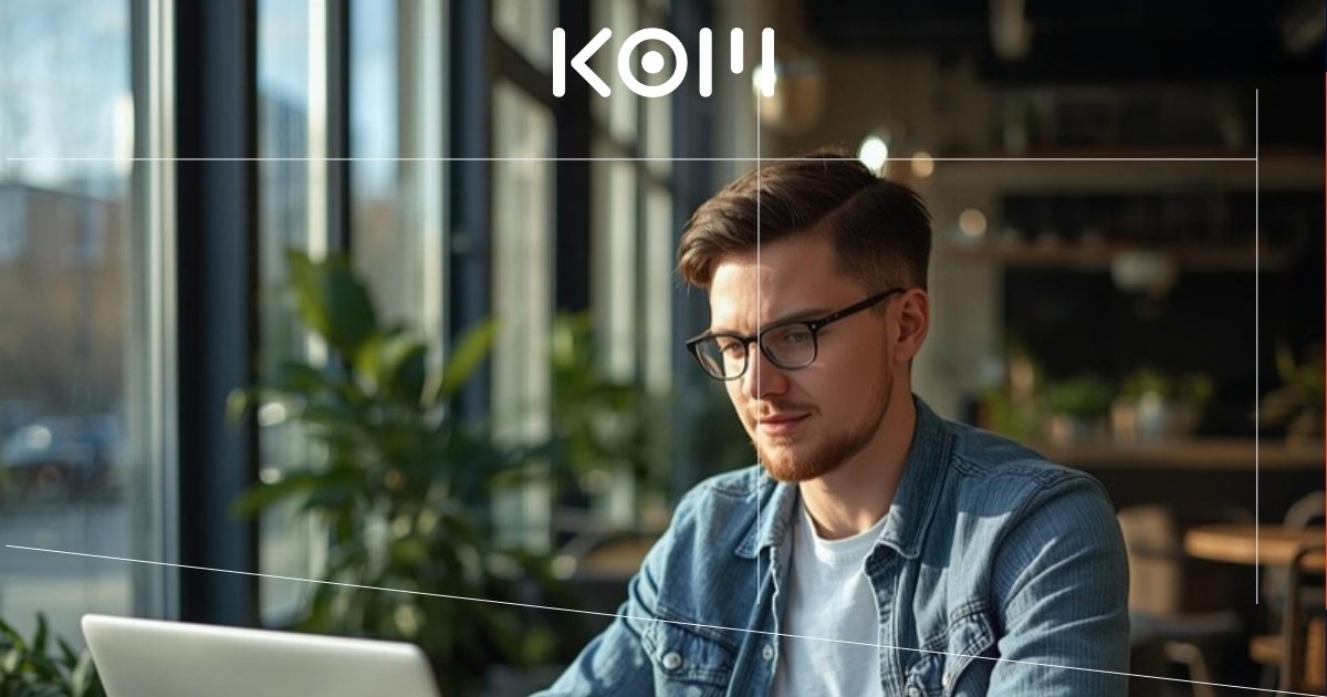 Hombre joven con lentes revisando planes y precios de suscripción en laptop en café moderno con luz natural - KOM