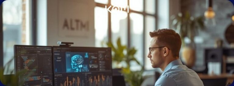 Profesional analizando herramientas de inteligencia artificial en pantalla - KOM