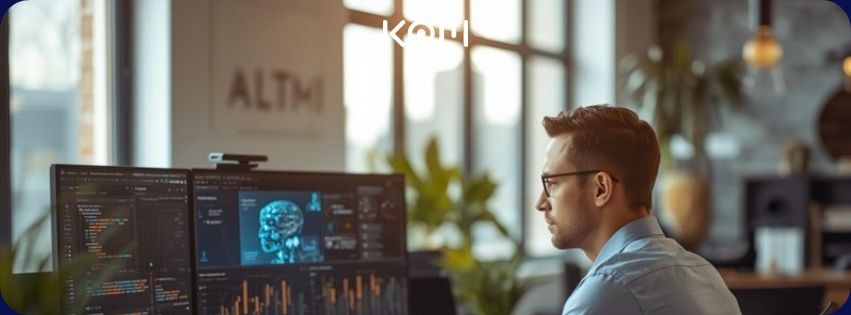 Profesional analizando herramientas de inteligencia artificial en pantalla - KOM