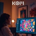 Mujer artista digital creando arte con inteligencia artificial en monitor grande en estudio creativo moderno - KOM