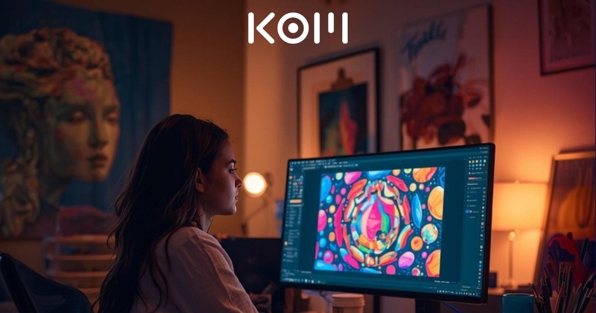 Mujer artista digital creando arte con inteligencia artificial en monitor grande en estudio creativo moderno - KOM