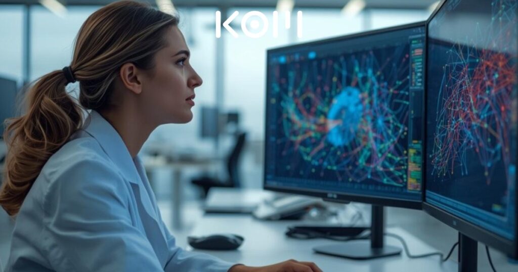 Científica de datos estudiando la arquitectura transformer y redes neuronales en pantallas de laboratorio