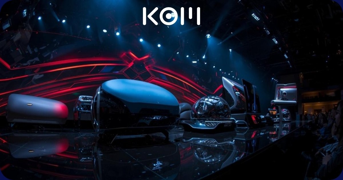 Escenario de evento de tecnología con productos innovadores e iluminación dramática roja y azul - KOM