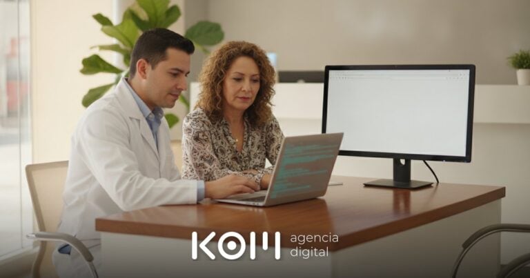 Dentista y consultora web revisan el código fuente de su página en una laptop para resolver un problema de SEO en Lovable (seo lovable)
