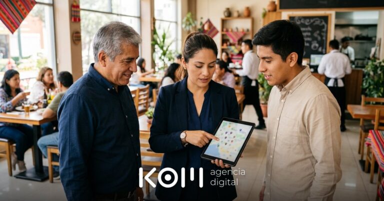 Gerente regional y dos administradores revisan en una tablet el SEO multilocal de las sedes de su cadena de restaurantes