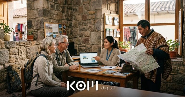 Asesora de una agencia en Cusco muestra a dos viajeros extranjeros una web en inglés trabajada con SEO para turismo en Perú (seo turismo perú)