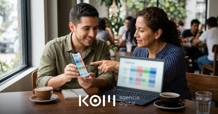 Diseñador web y dueña de negocio revisan en laptop y celular una tabla comparativa SEO de planes y precios para su página web