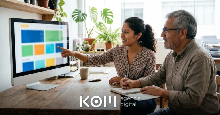 Diseñadora y dueño de negocio revisan en un monitor la estructura de un tema de bloques WordPress para su nueva web