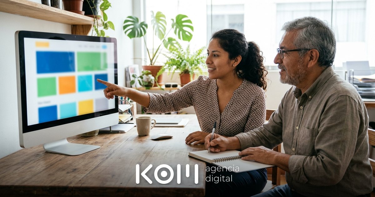 Diseñadora y dueño de negocio revisan en un monitor la estructura de un tema de bloques WordPress para su nueva web