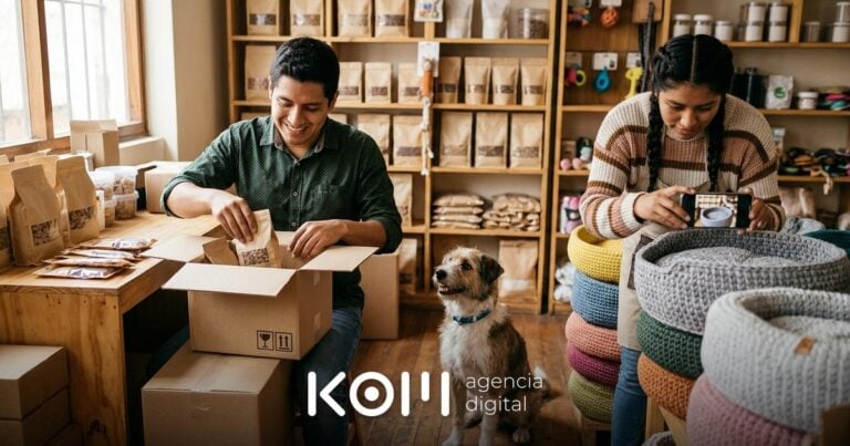 Pareja de emprendedores empaca alimento y fotografía productos para su tienda de mascotas online mientras su perro observa