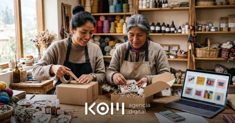 Dos emprendedoras empacan pedidos de bisutería junto a una laptop mientras gestionan su tienda virtual para emprendedoras desde casa