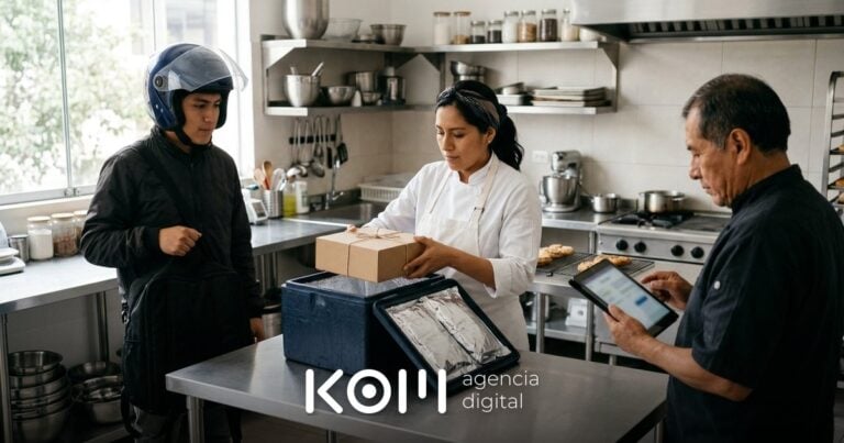 Pastelera coloca una torta en una caja térmica con geles frente al repartidor, lista para vender comida por internet en Perú (vender comida por internet perú)