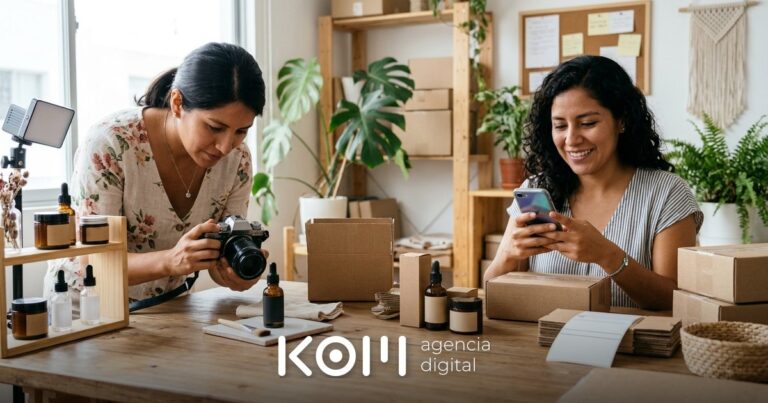 Dos emprendedoras fotografían la etiqueta de un sérum y responden un chat para vender cosméticos por internet en Perú (vender cosméticos por internet perú)