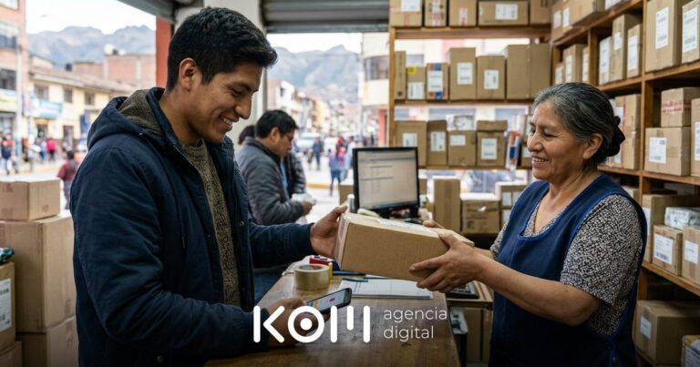 Joven recoge en una agencia de Huancayo el pedido de una tienda que aprendió a vender online a provincias de Perú con envíos a agencia (vender online a provincias perú)