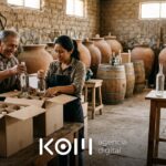 Padre e hija empacan botellas en su bodega familiar de Ica mientras un empleado fotografía productos para vender pisco online