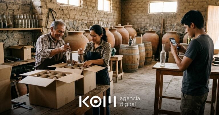 Padre e hija empacan botellas en su bodega familiar de Ica mientras un empleado fotografía productos para vender pisco online