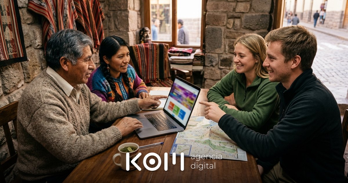 Asesores de una agencia en Cusco muestran a dos viajeros su web multilingüe WordPress con versiones en inglés y portugués