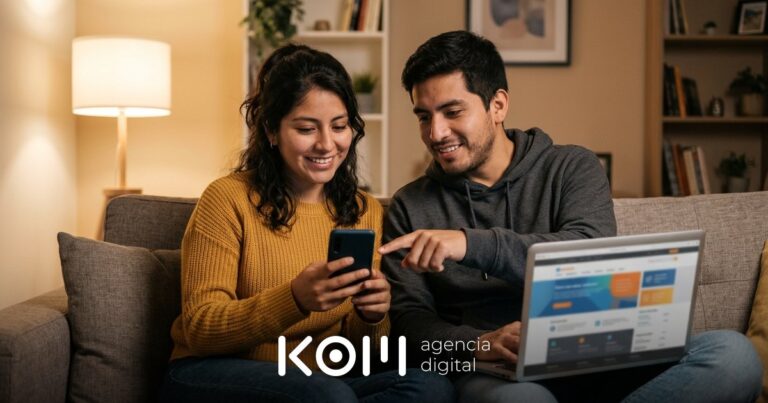 Pareja revisa en su celular y laptop los datos de una empresa para comprobar la confianza que da su página web antes de comprar (confianza página web empresa)