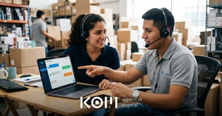 Dos agentes de atención revisan en la laptop los mensajes de su tienda y cuánto pagan por el precio de WhatsApp Business API (whatsapp business api precio perú)